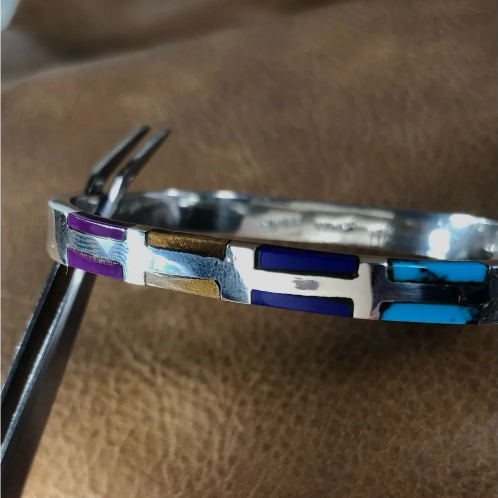 MCM HINGED CUFF STERLING SILVER TAXCO WOMENS TURQUOISE TIGERS EYE LAPIS SUGILITE - Picture 10 of 12